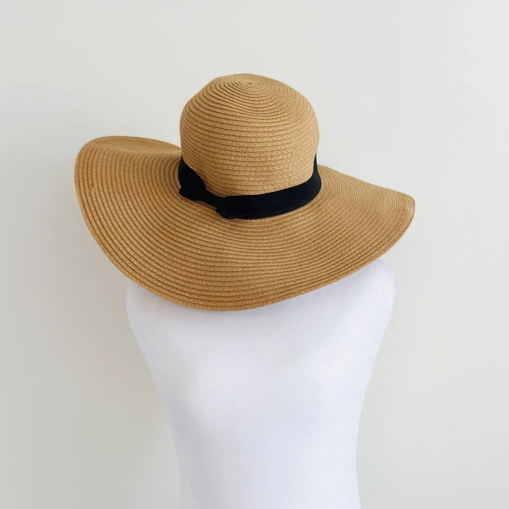 Women’s Wide Brim Hat. Tan with Black Grosgrain Ribbon. Packable. One Size.